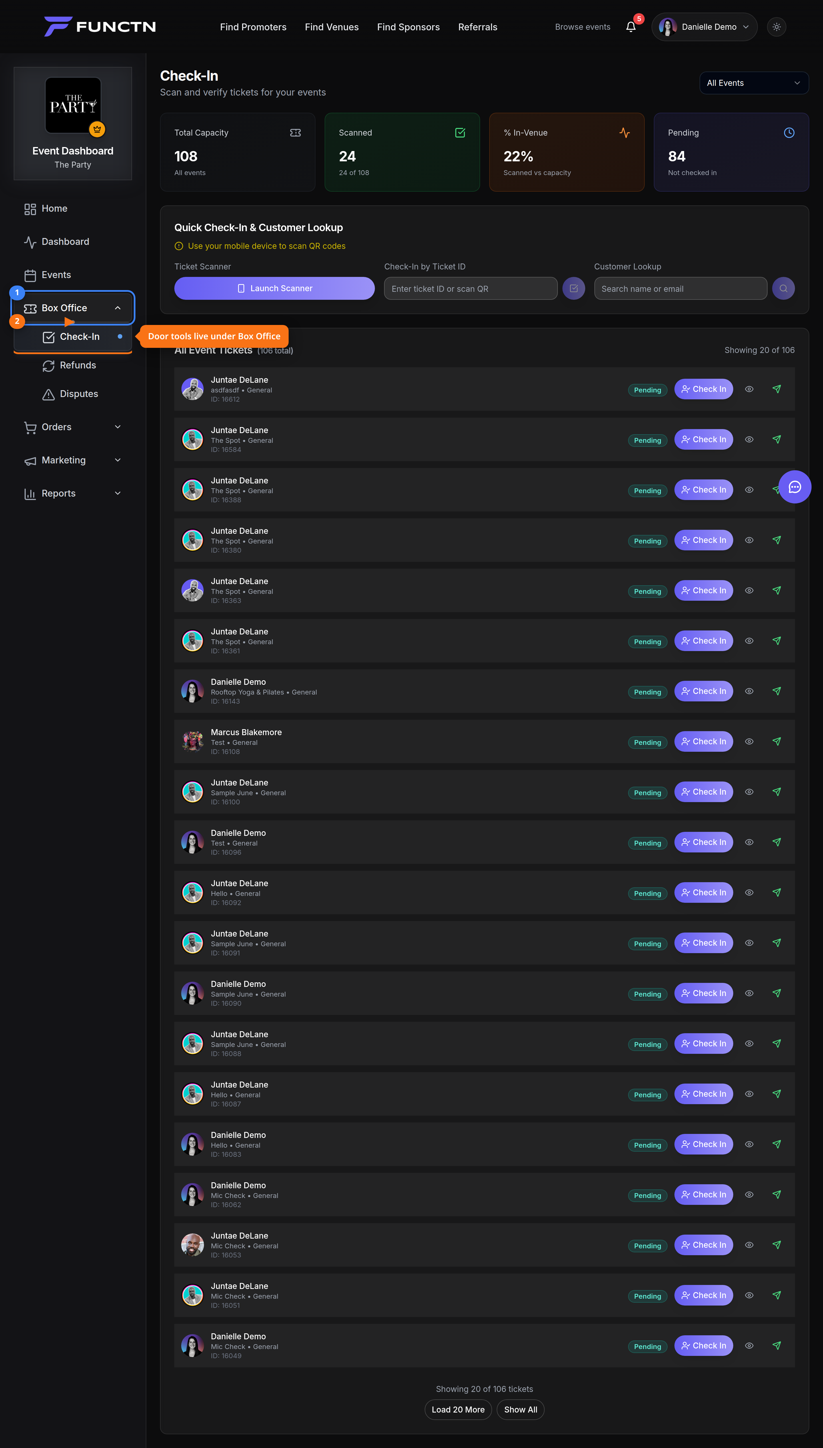 Dashboard Box Office with Check-In highlighted