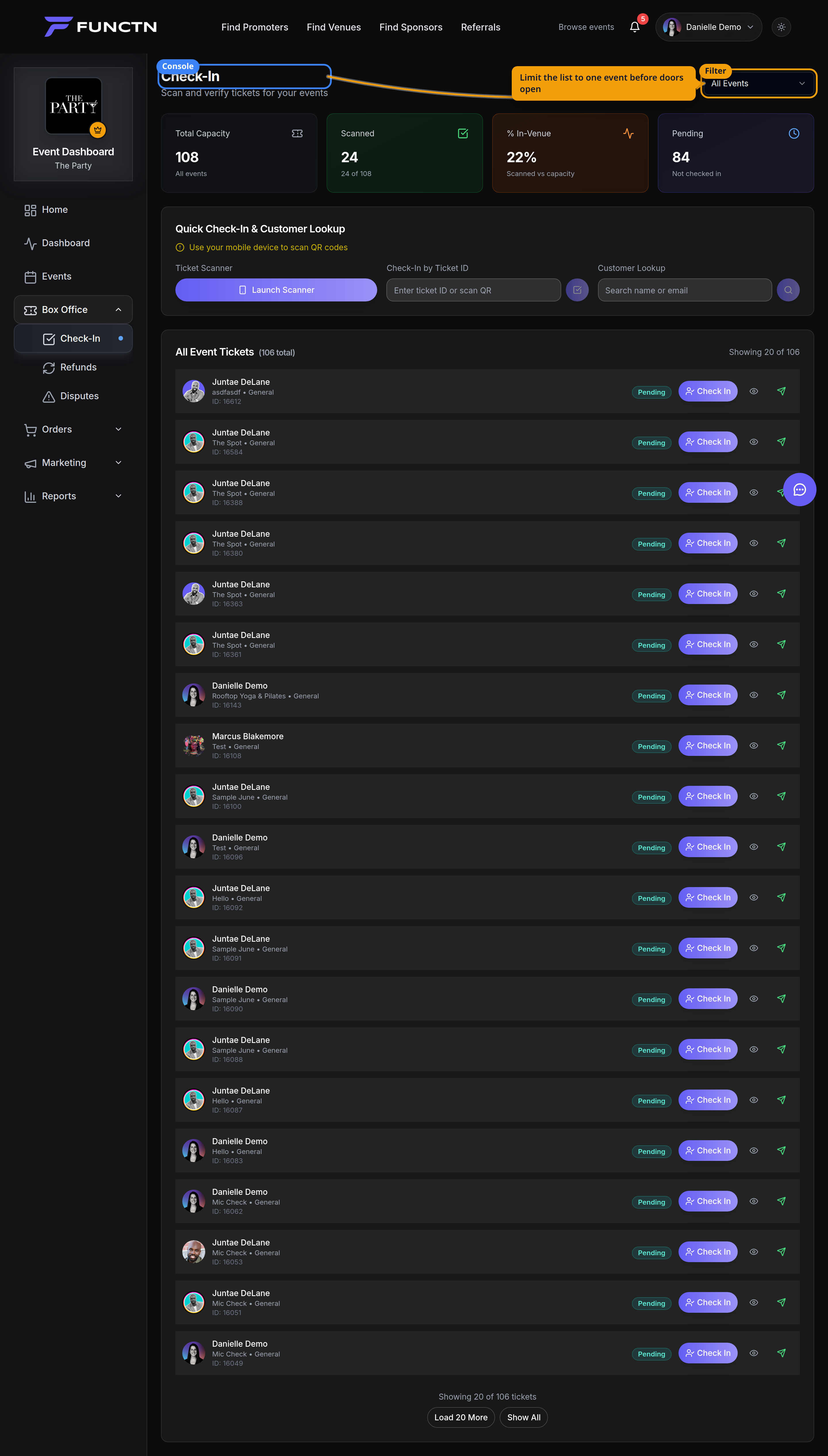 Check-In heading and event filter highlighted