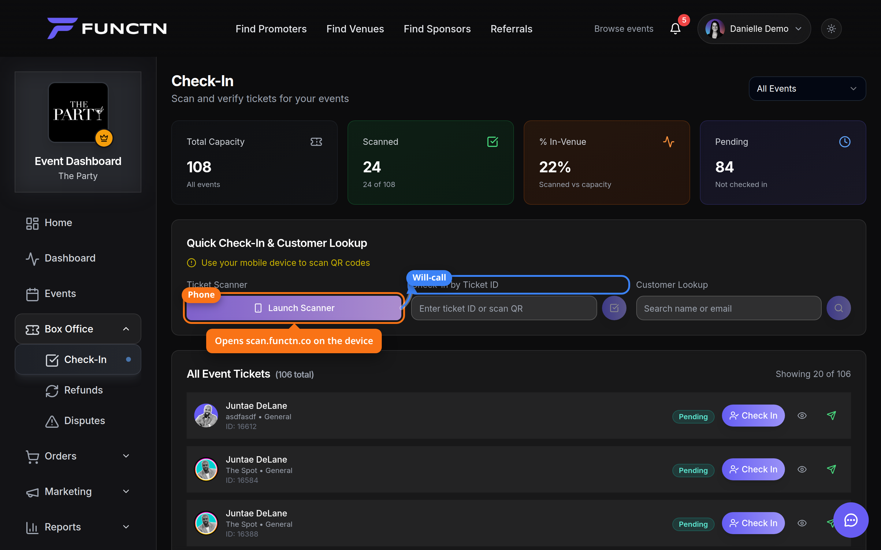 Launch Scanner and Check-In by Ticket ID highlighted