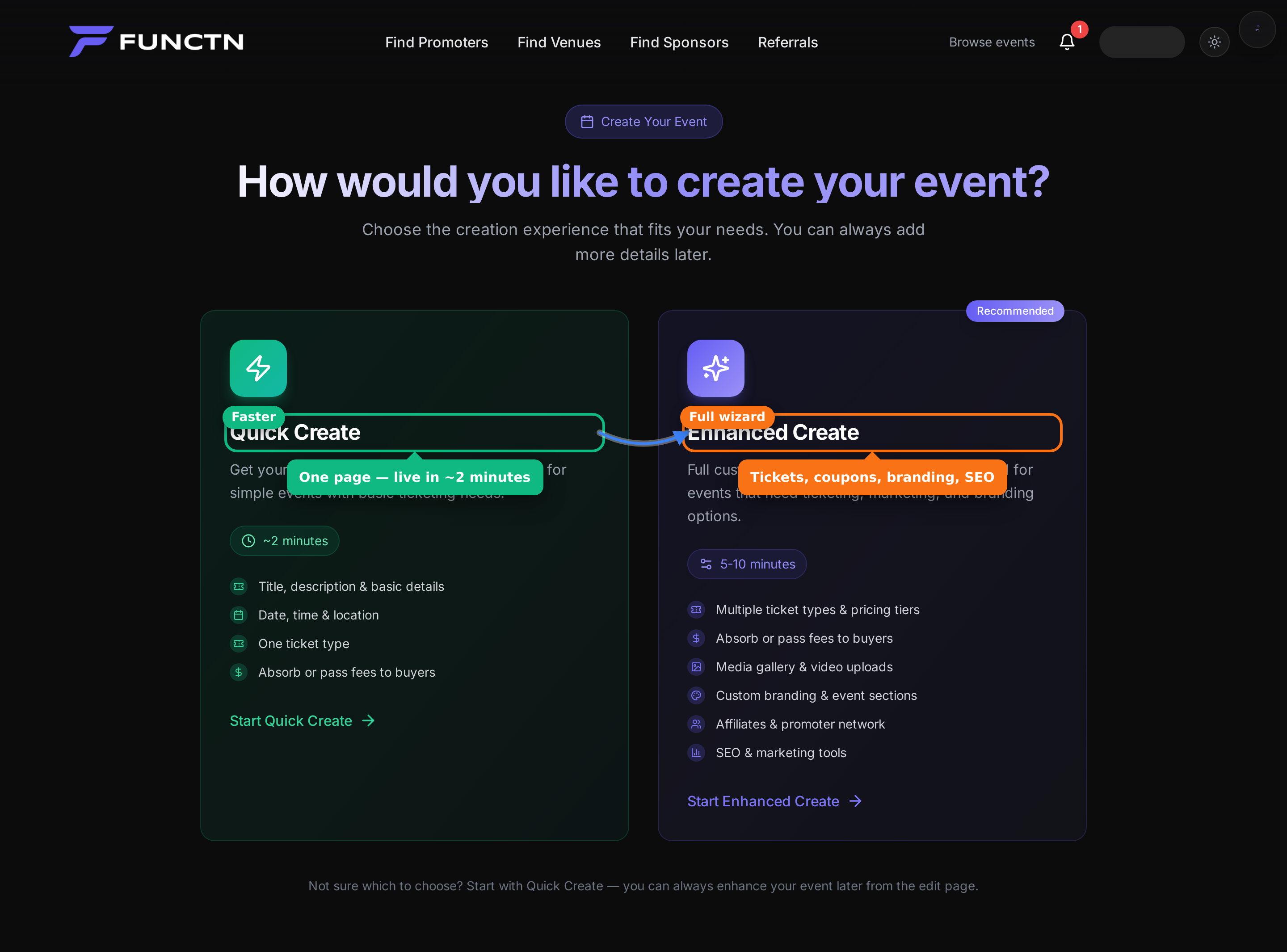 Create-event chooser with Quick Create and Enhanced Create highlighted
