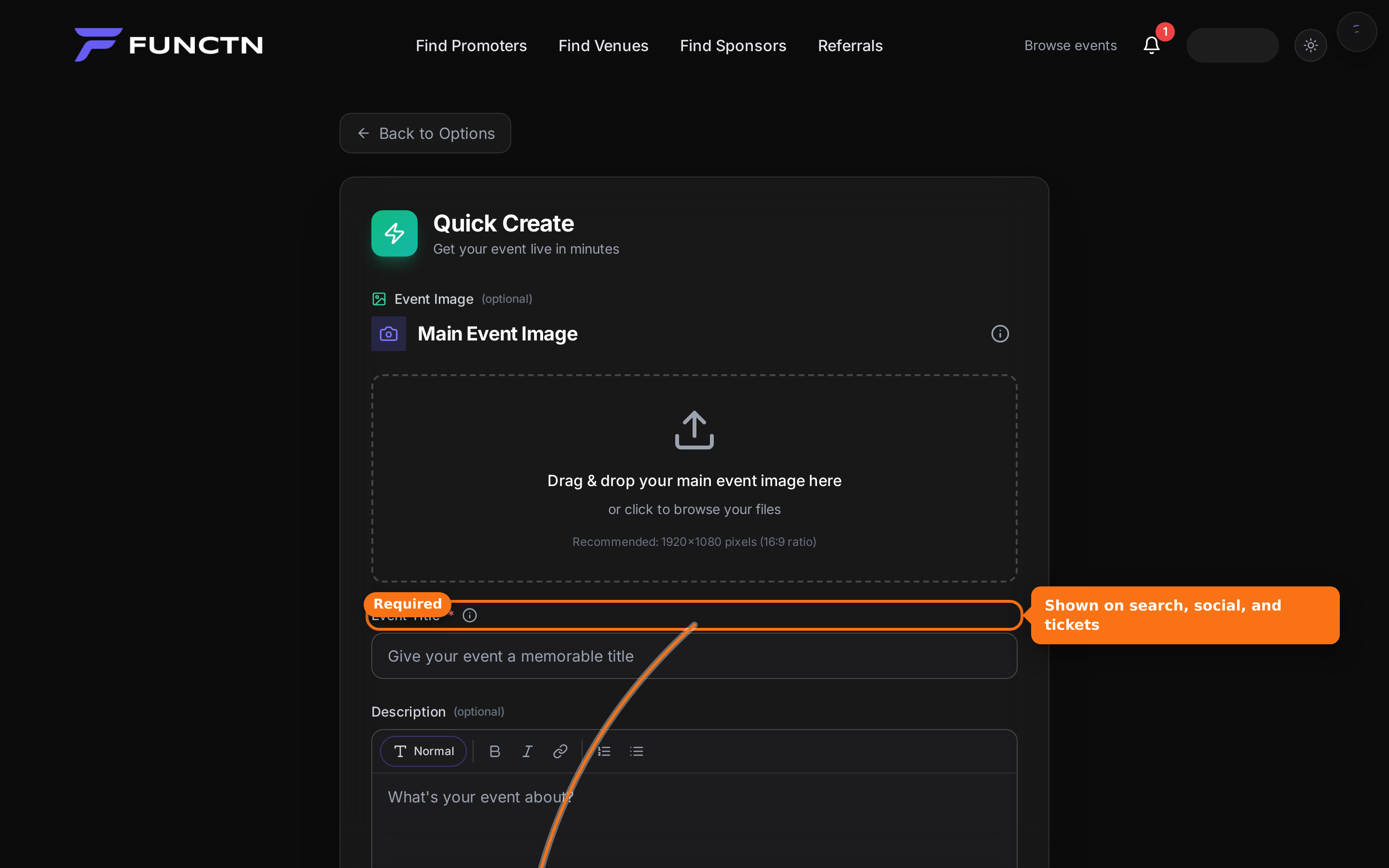 Quick Create title and date fields highlighted