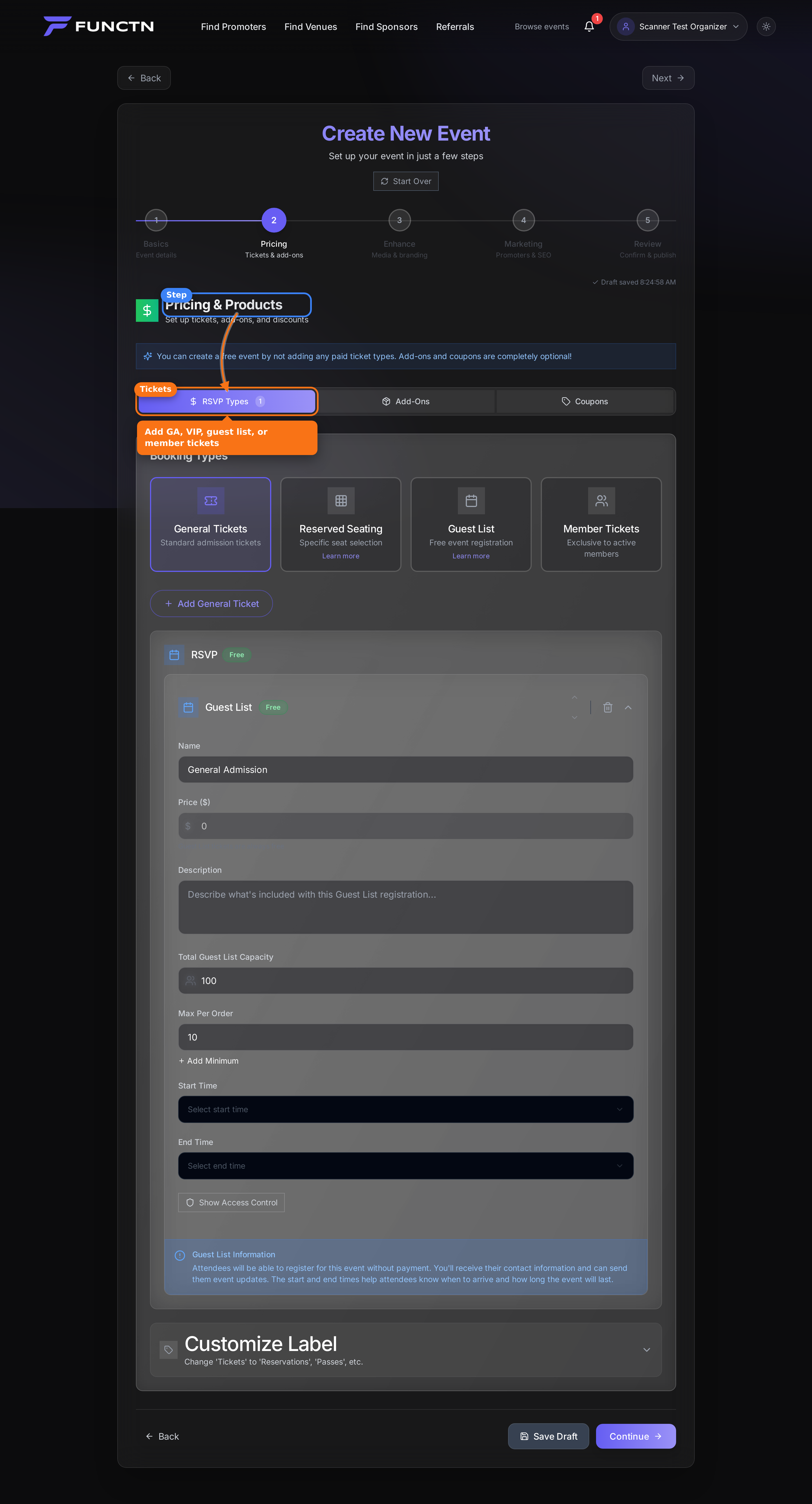 Enhanced Create Pricing step with ticket types tab highlighted
