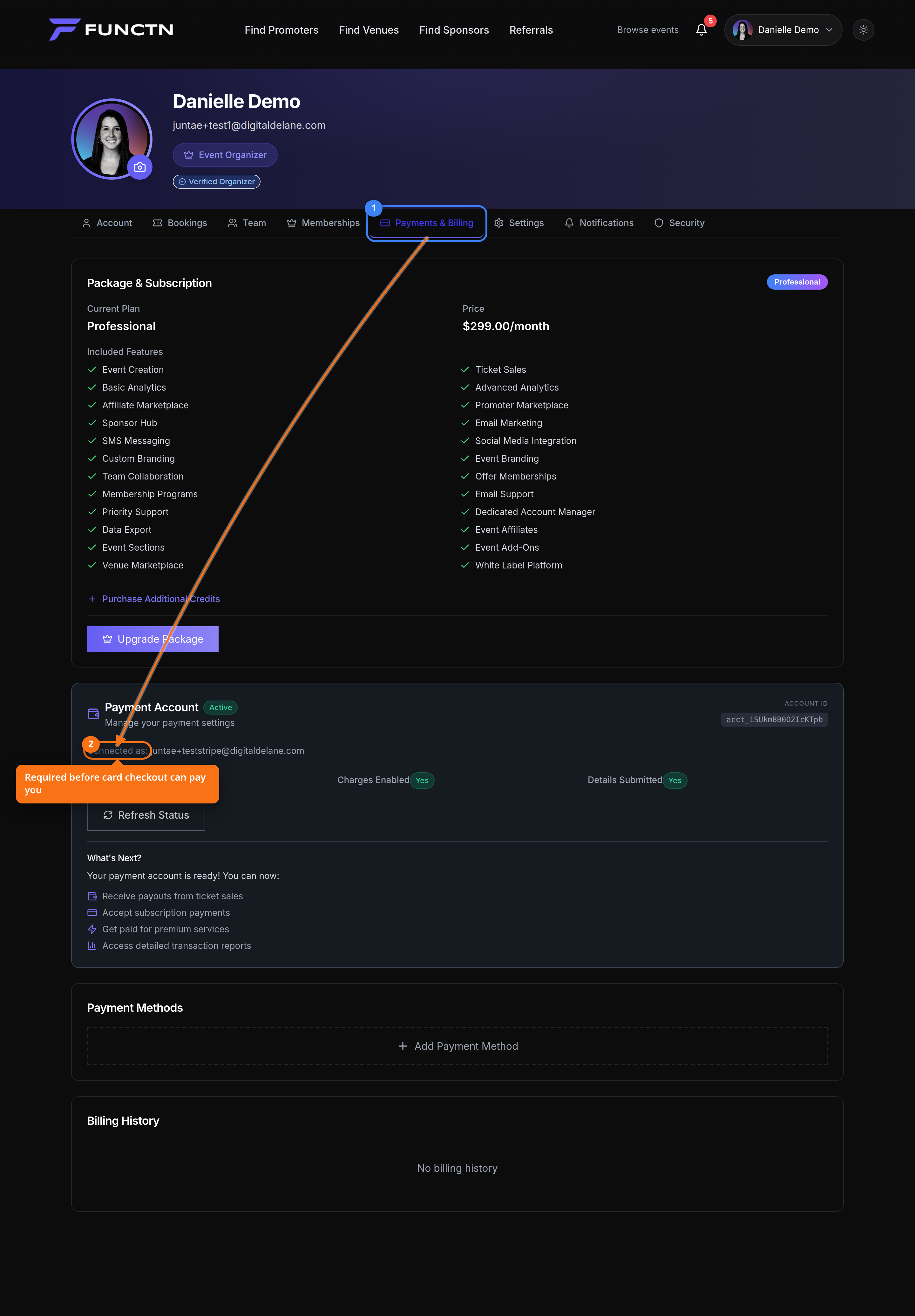 Profile Payment tab with Connect Stripe Account highlighted