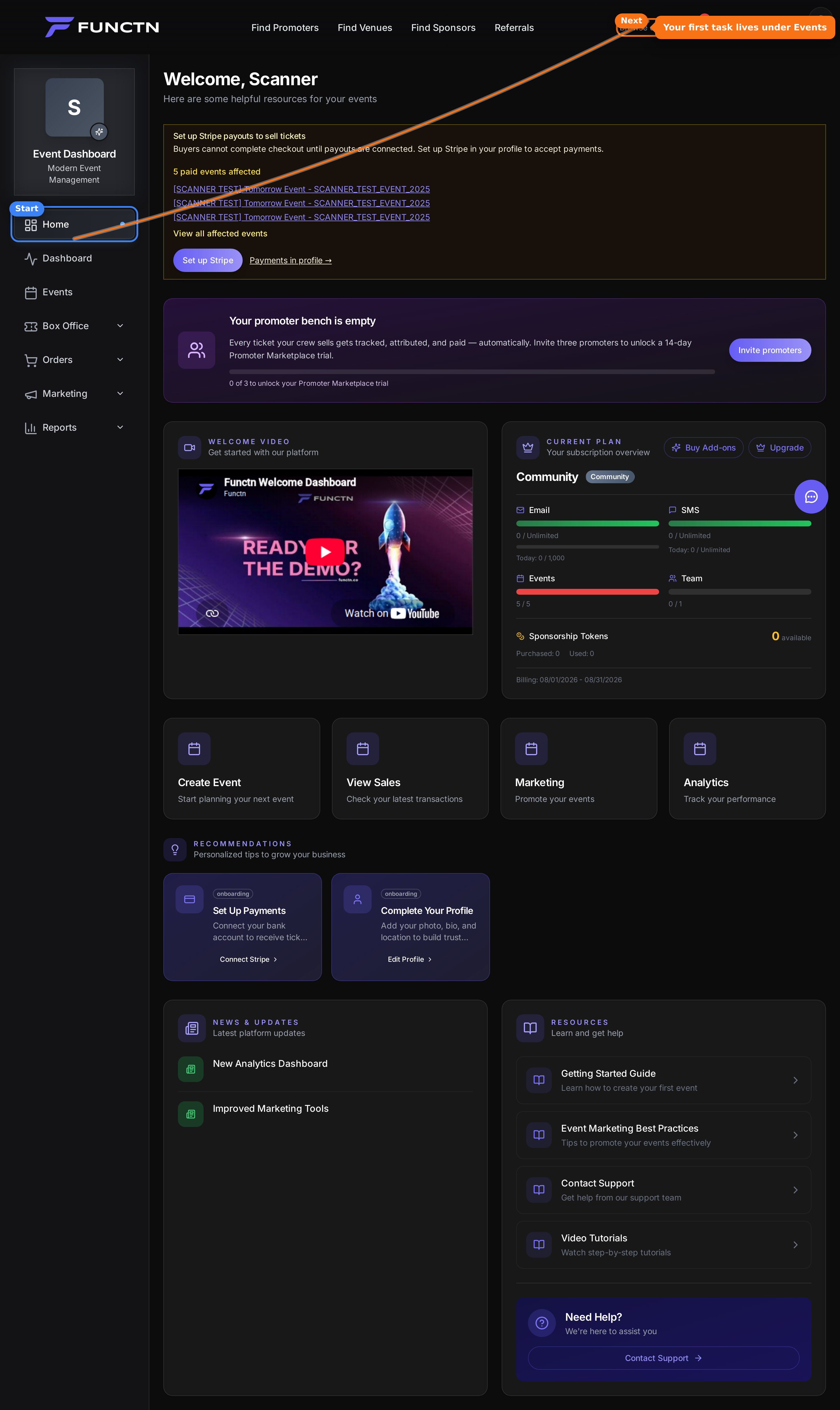 Organizer dashboard Home with Events highlighted