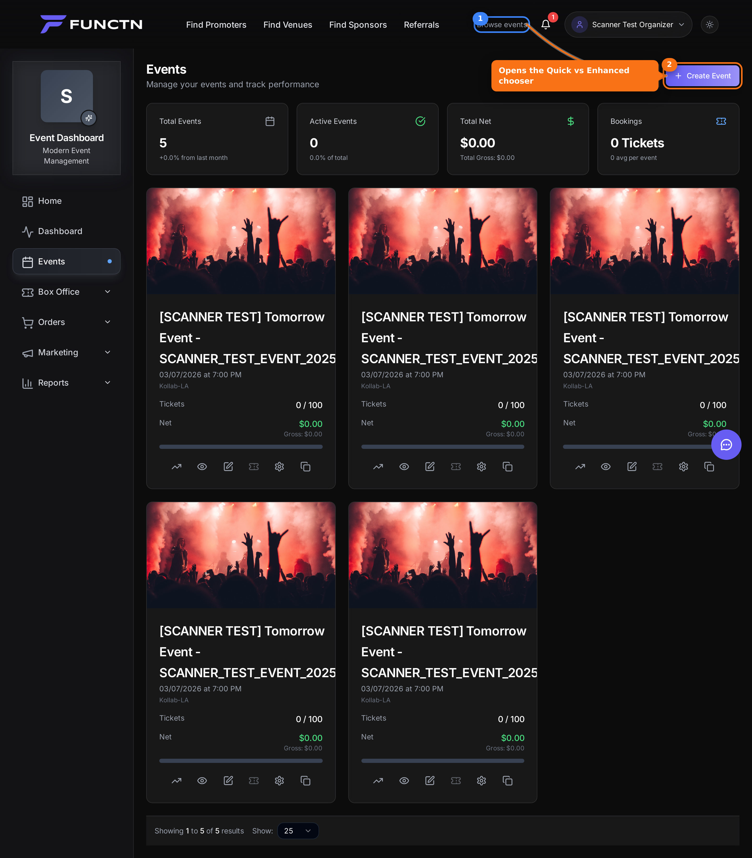 Events tab with Create Event highlighted