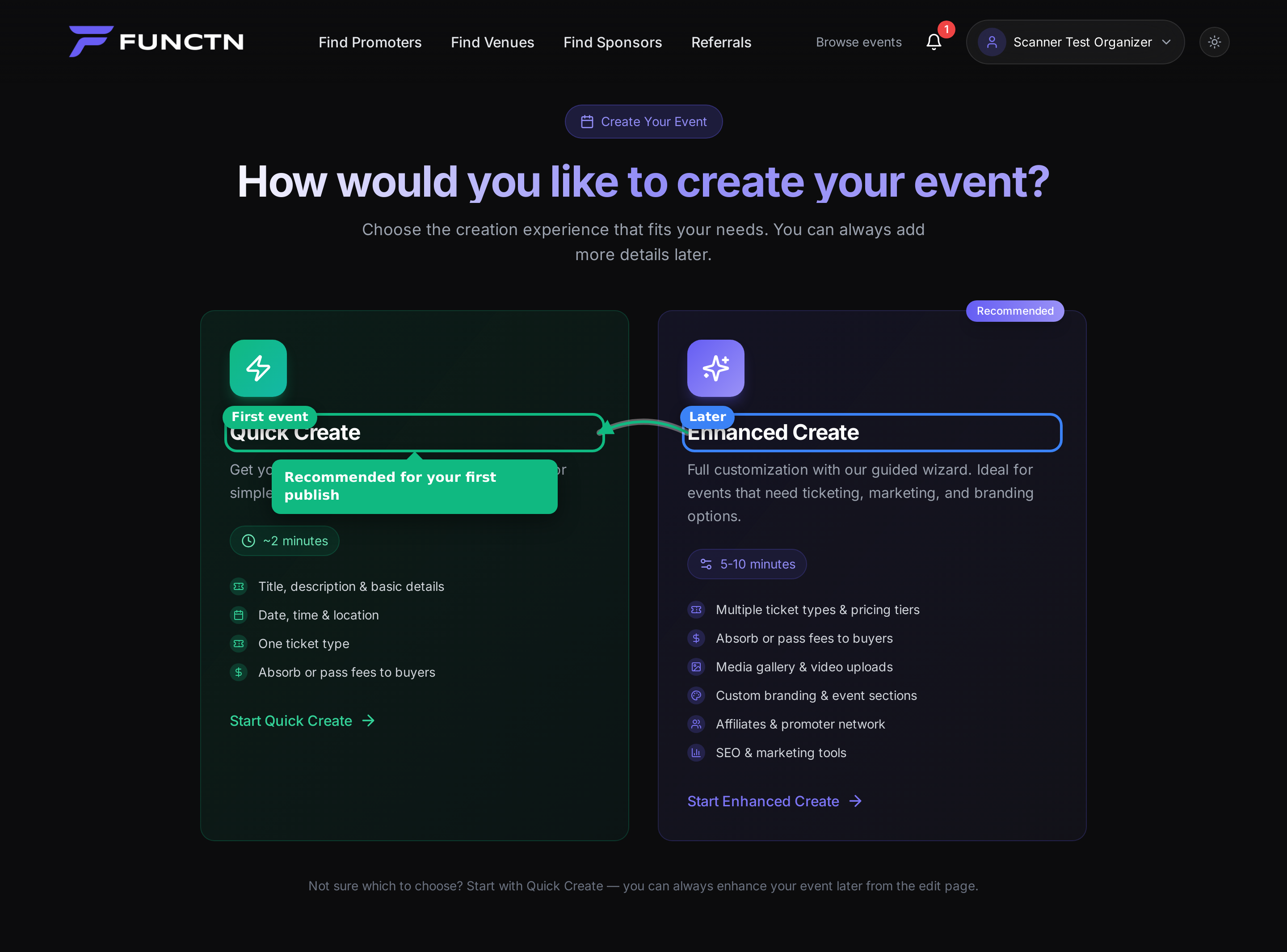 Create-event chooser with Quick Create highlighted