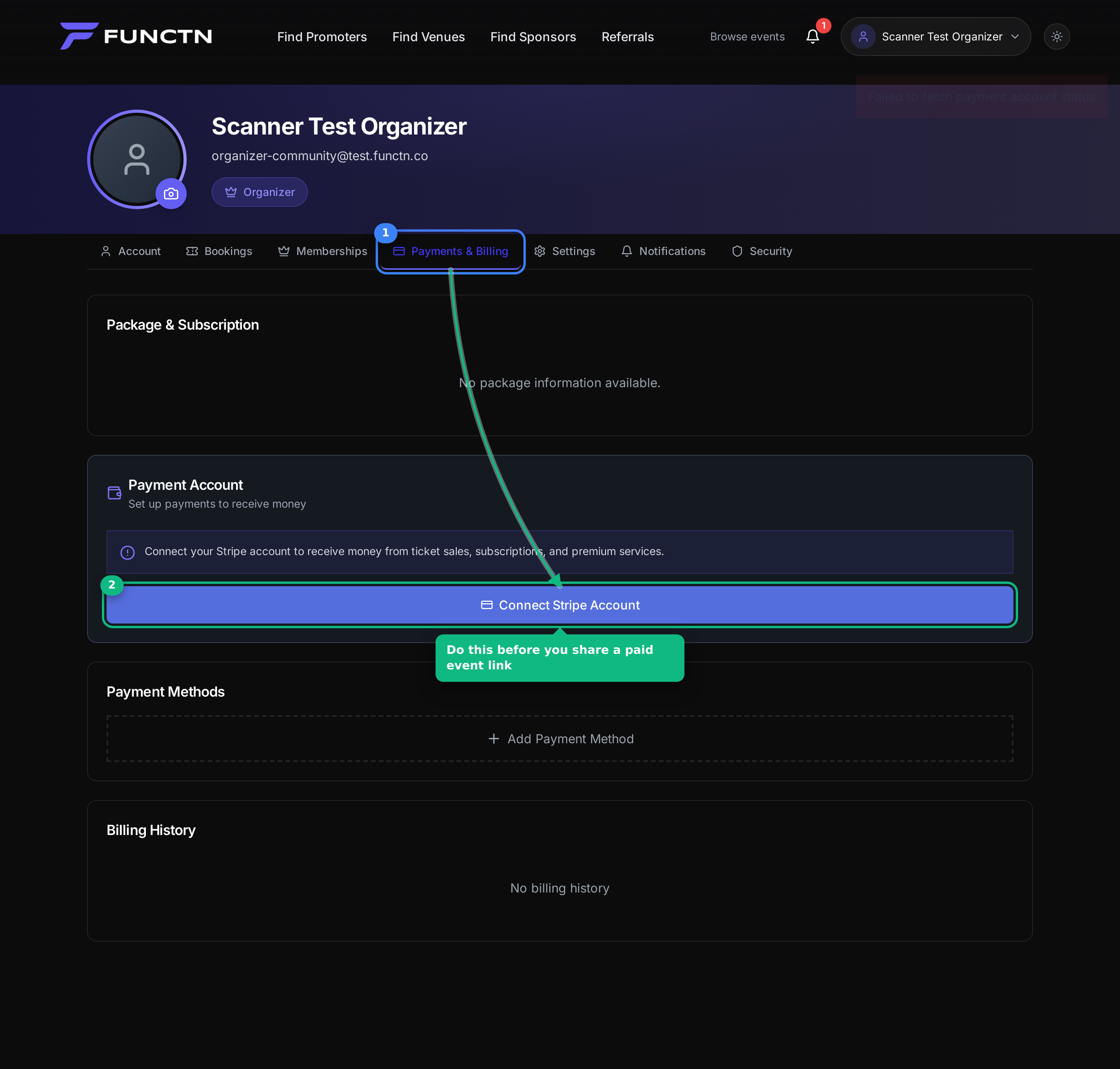 Profile Payment tab with Connect Stripe highlighted