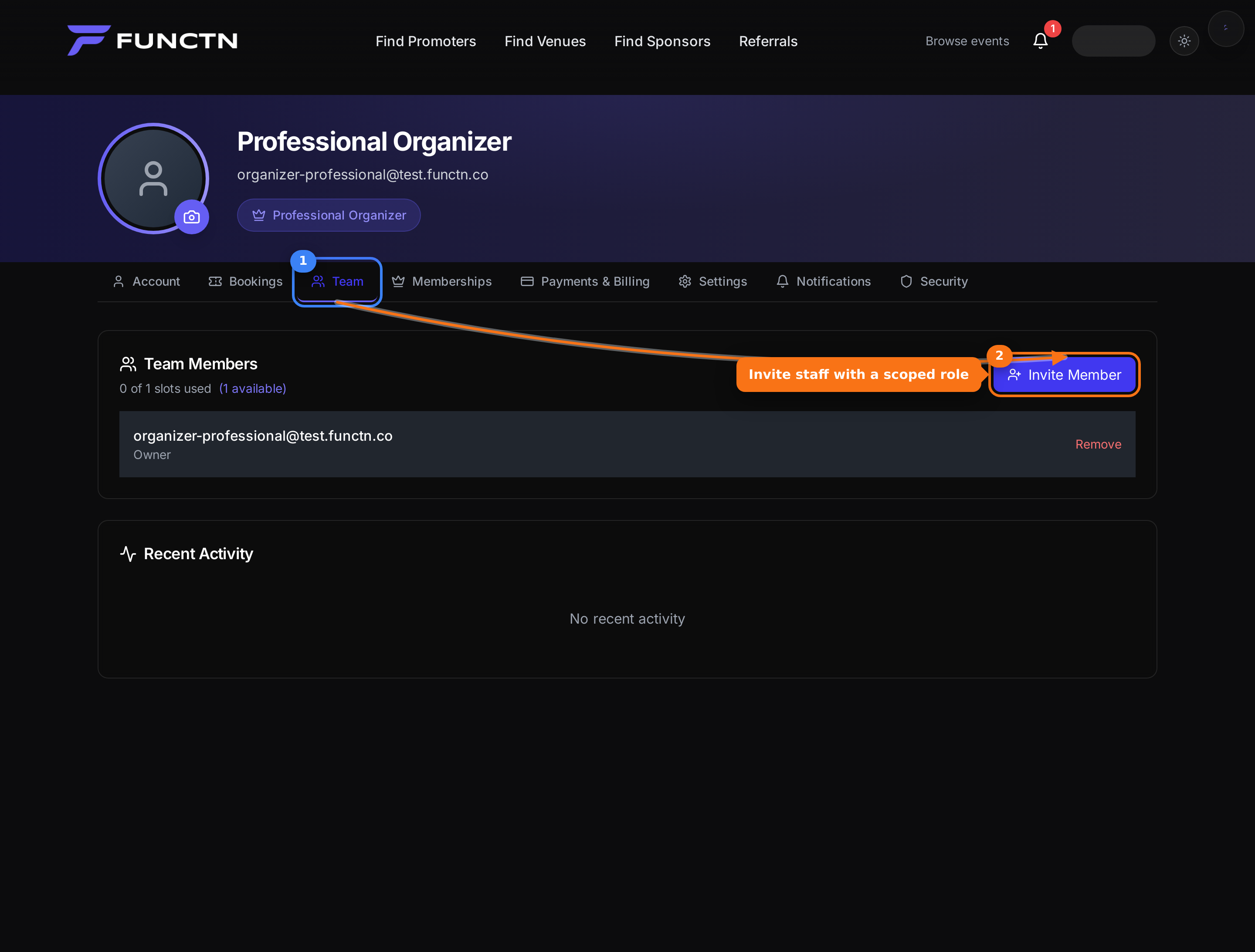 Profile Team tab with Invite Member highlighted