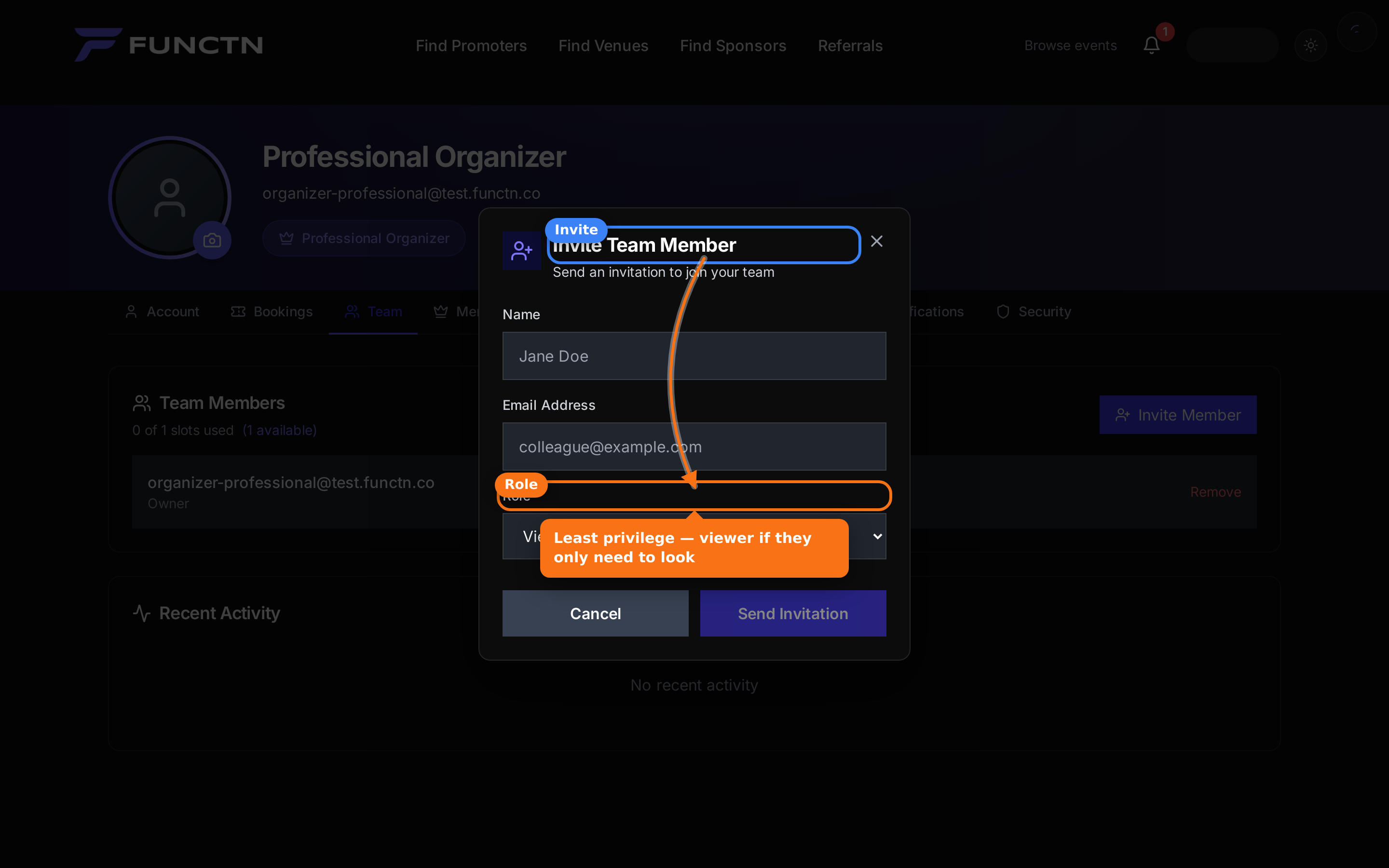 Invite Team Member modal with Role field highlighted