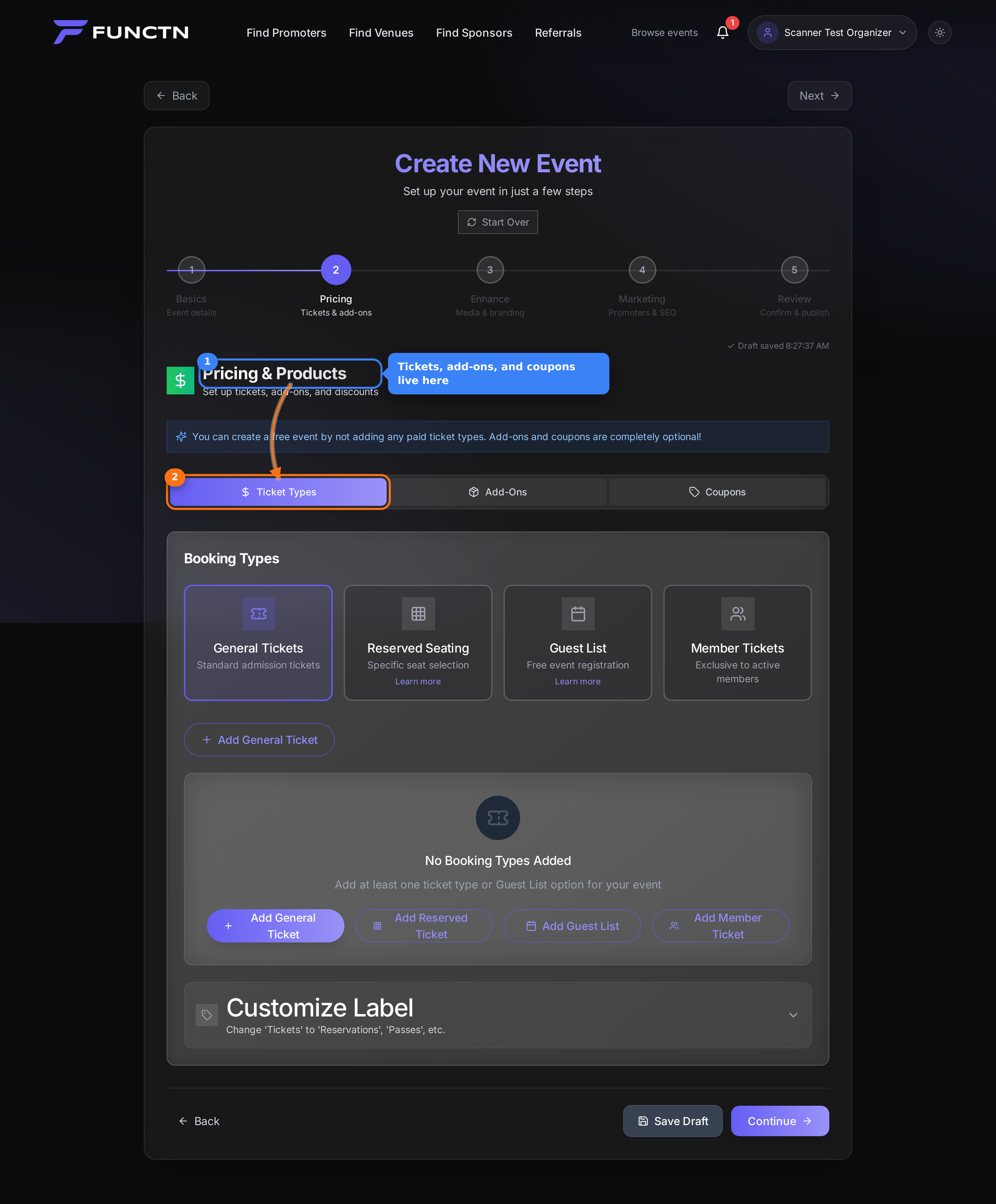 Pricing step with Ticket Types tab highlighted