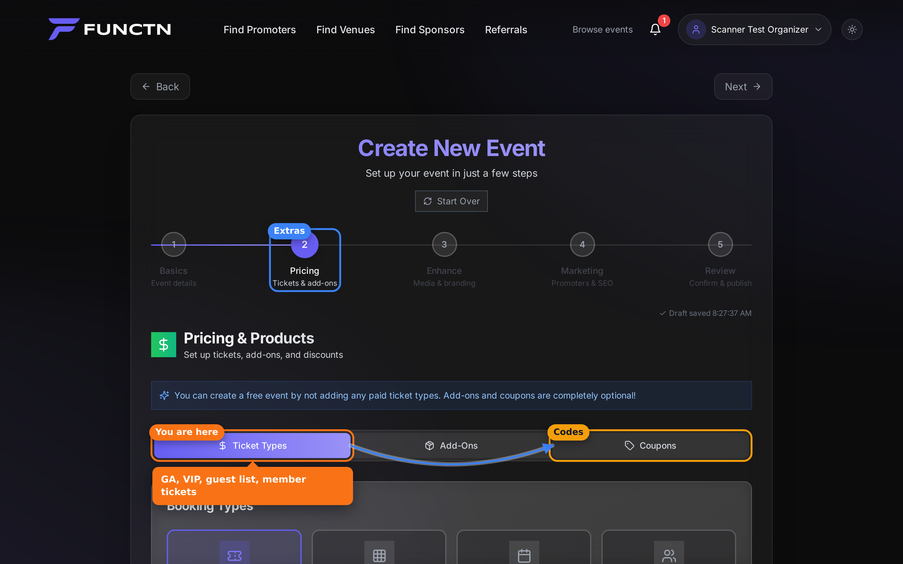 Pricing subtabs with Ticket Types highlighted